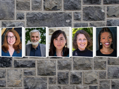 A collage with portraits of five individuals 