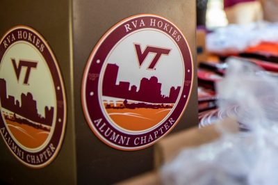 Richmond Hokies Alumni Chapter logo sticker includes the Richmond skyline in maroon and orange